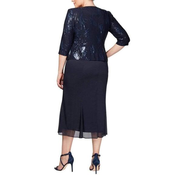 ALEX EVENINGS Chiffon & Sequin Dress & Jacket Set 18W Navy Blue Formal NWT - Picture 3 of 15